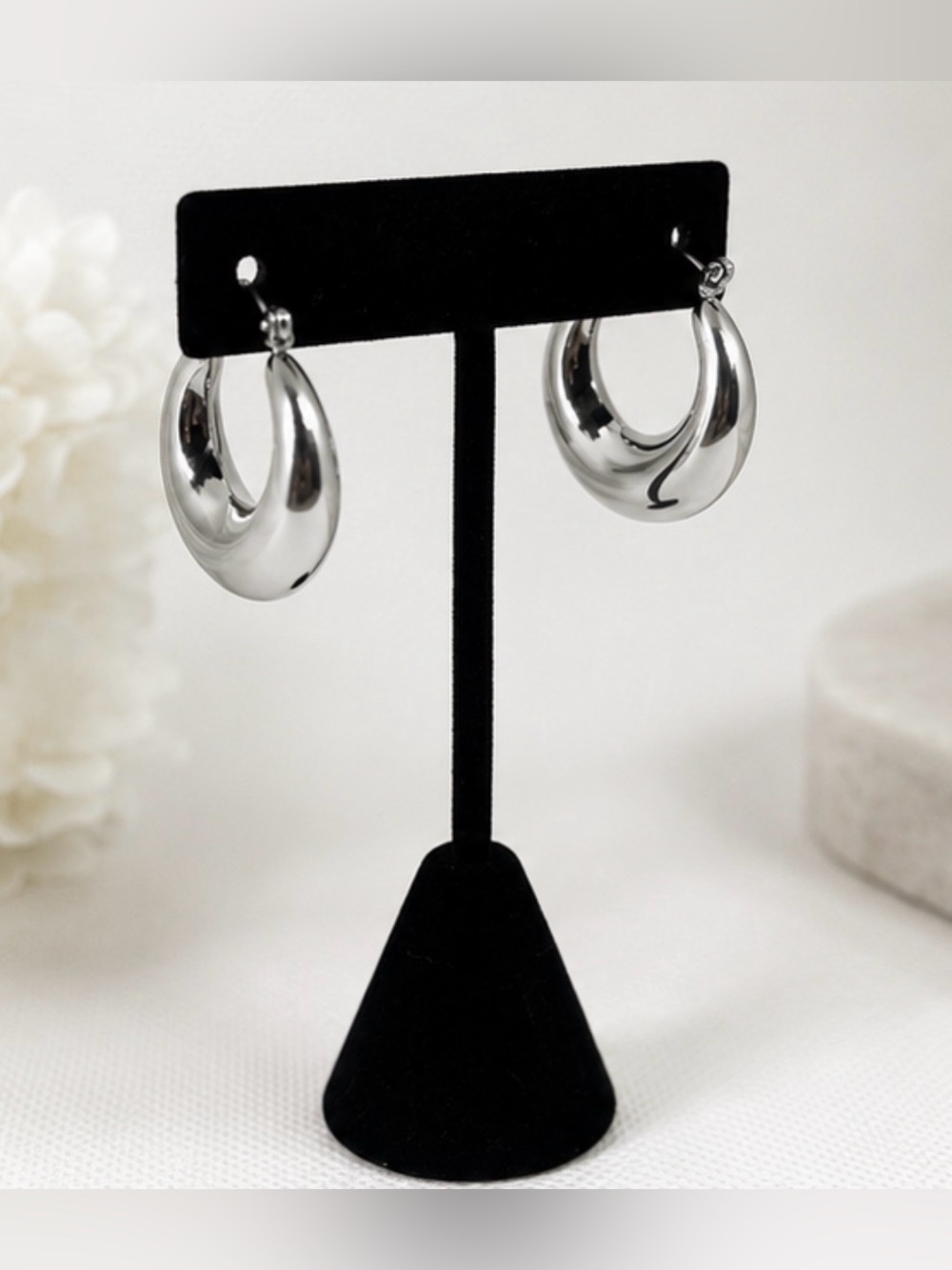 Chunky Silver Tone Hoop Earrings High Polish Statement Hoops